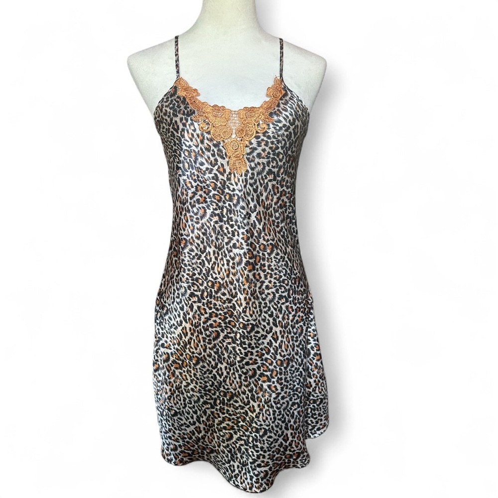 Vintage 80’s Satin Leopard Cheetah Print Slip Dress Chemise Size M
